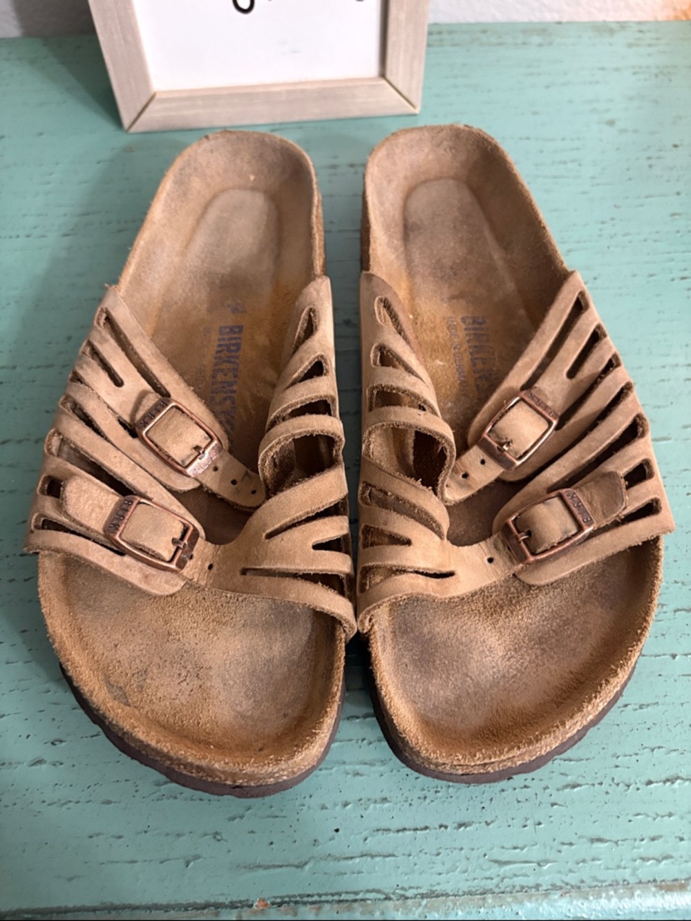 Birkenstock Tan Strappy Suede Slide Sandals with Buckles